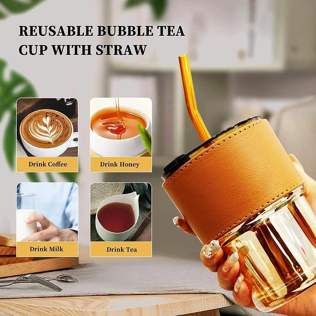 Leather Grip Coffee Cup Sipper Glass With Straw Mug Grip  Rs- 170